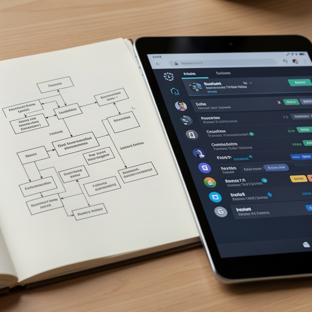 Macro photograph of a printed ledger diagram beside a tablet showing a public blockchain explorer interface
