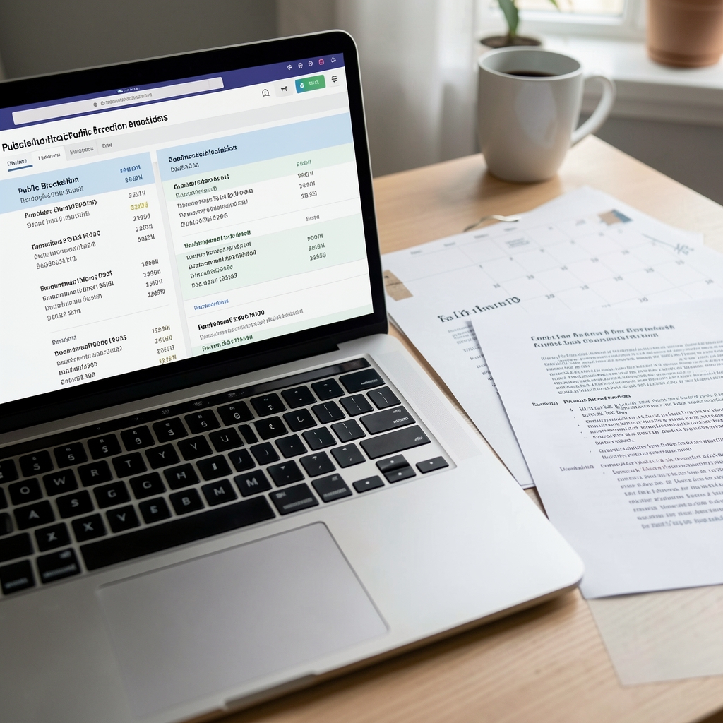 Close view of a laptop displaying public blockchain records beside printed research citations and a calendar