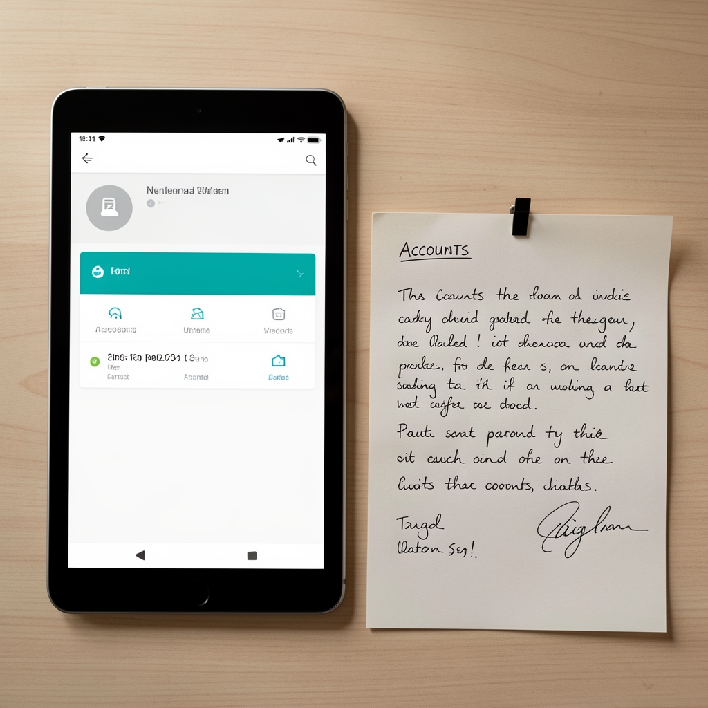 Tablet displaying a neutral digital wallet interface beside handwritten notes about accounts and signatures