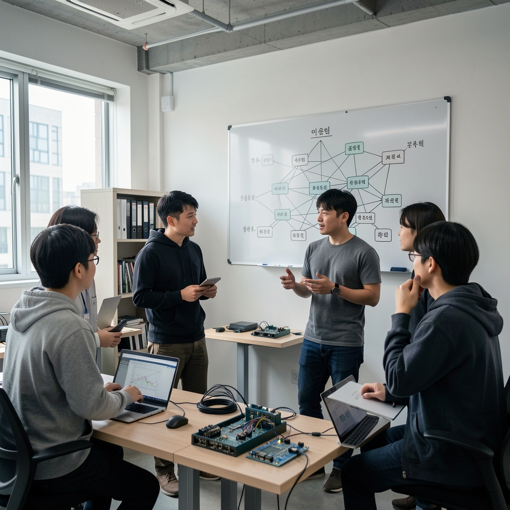 Small technology workshop in Seoul with developers discussing a network diagram on a wall