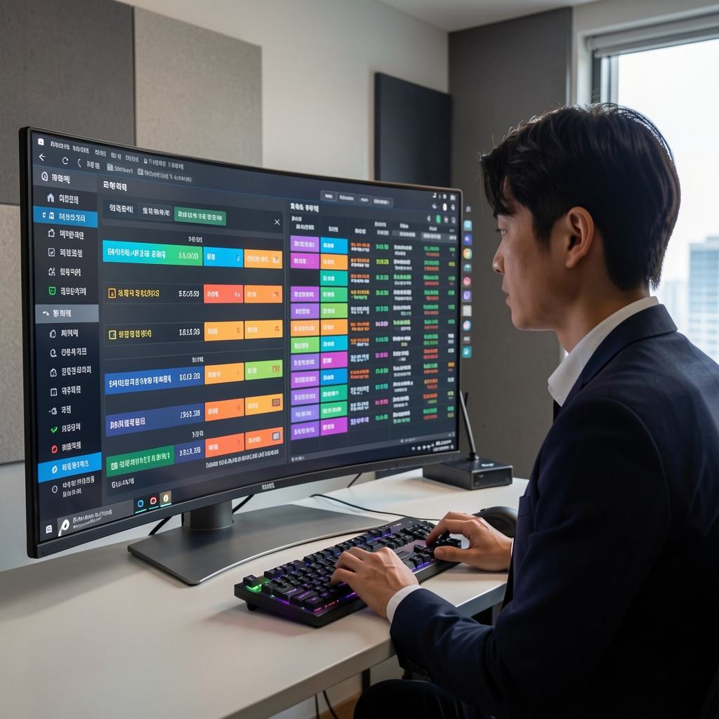 Researcher reviewing colorful blockchain account and block data on a wide monitor in a Seoul studio