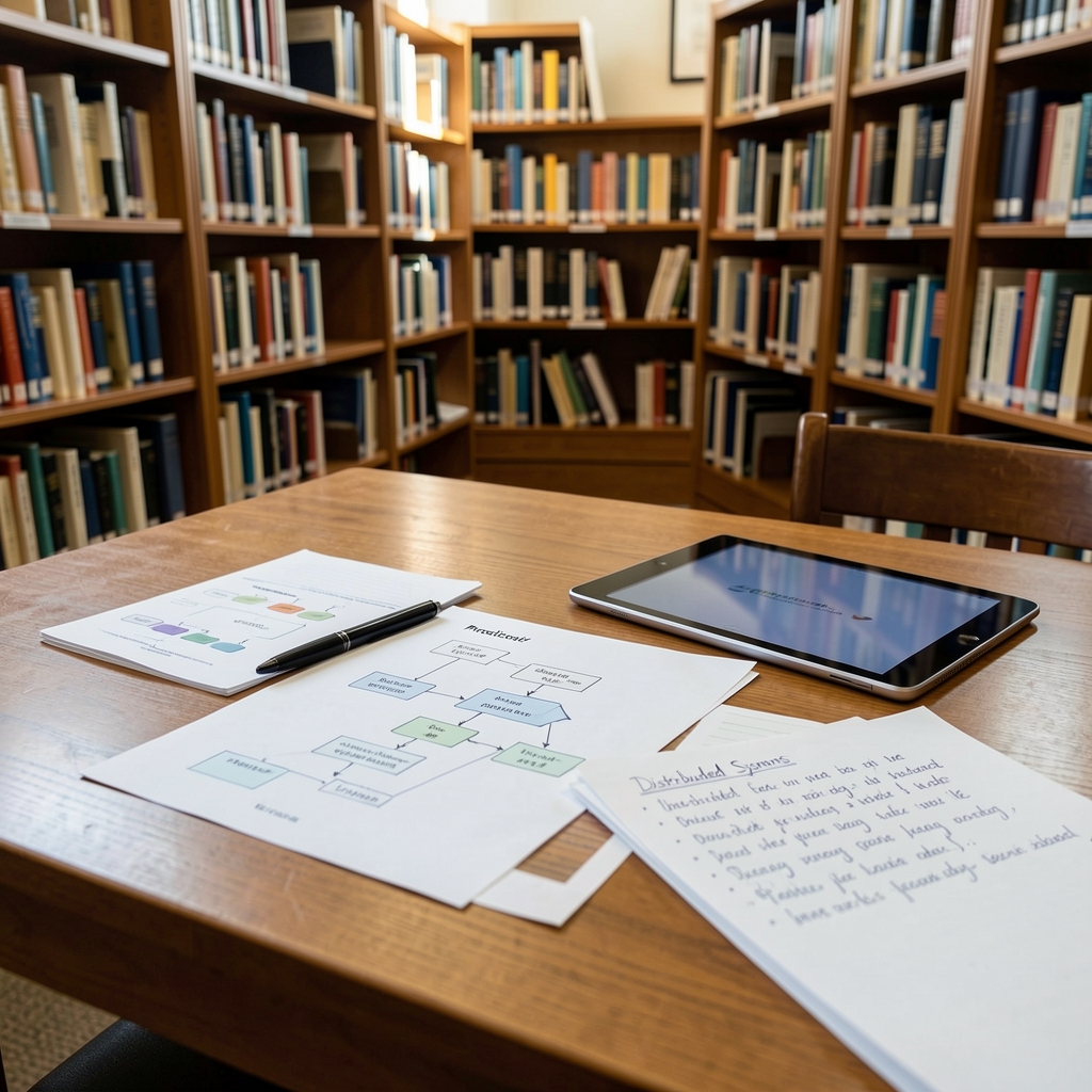 Quiet library table with printed protocol diagrams, a tablet, and handwritten notes about distributed systems