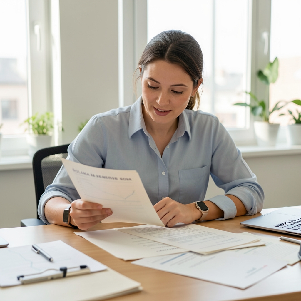 Editorial researcher reviewing dated Solana network documents and public dashboard notes at a bright desk