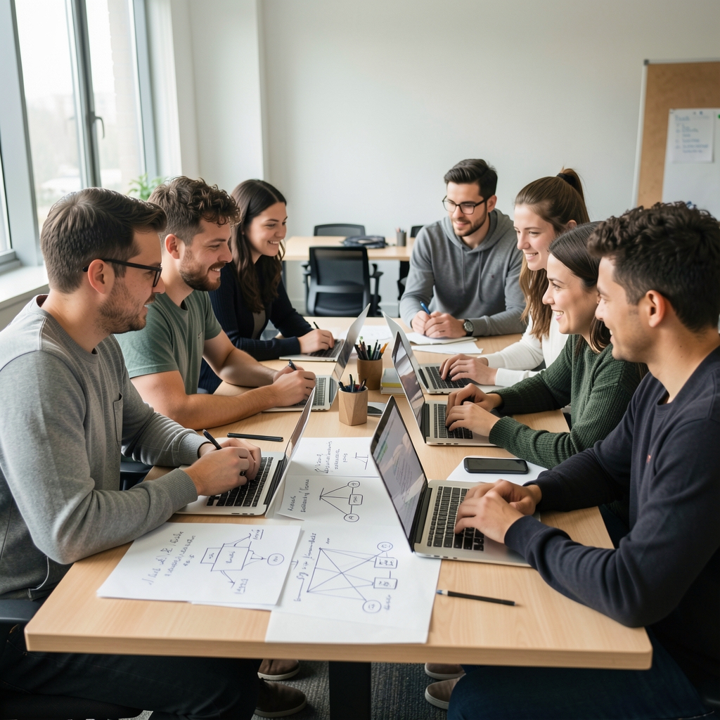 diverse group of developers collaborating around a table with code sketches and network architecture notes