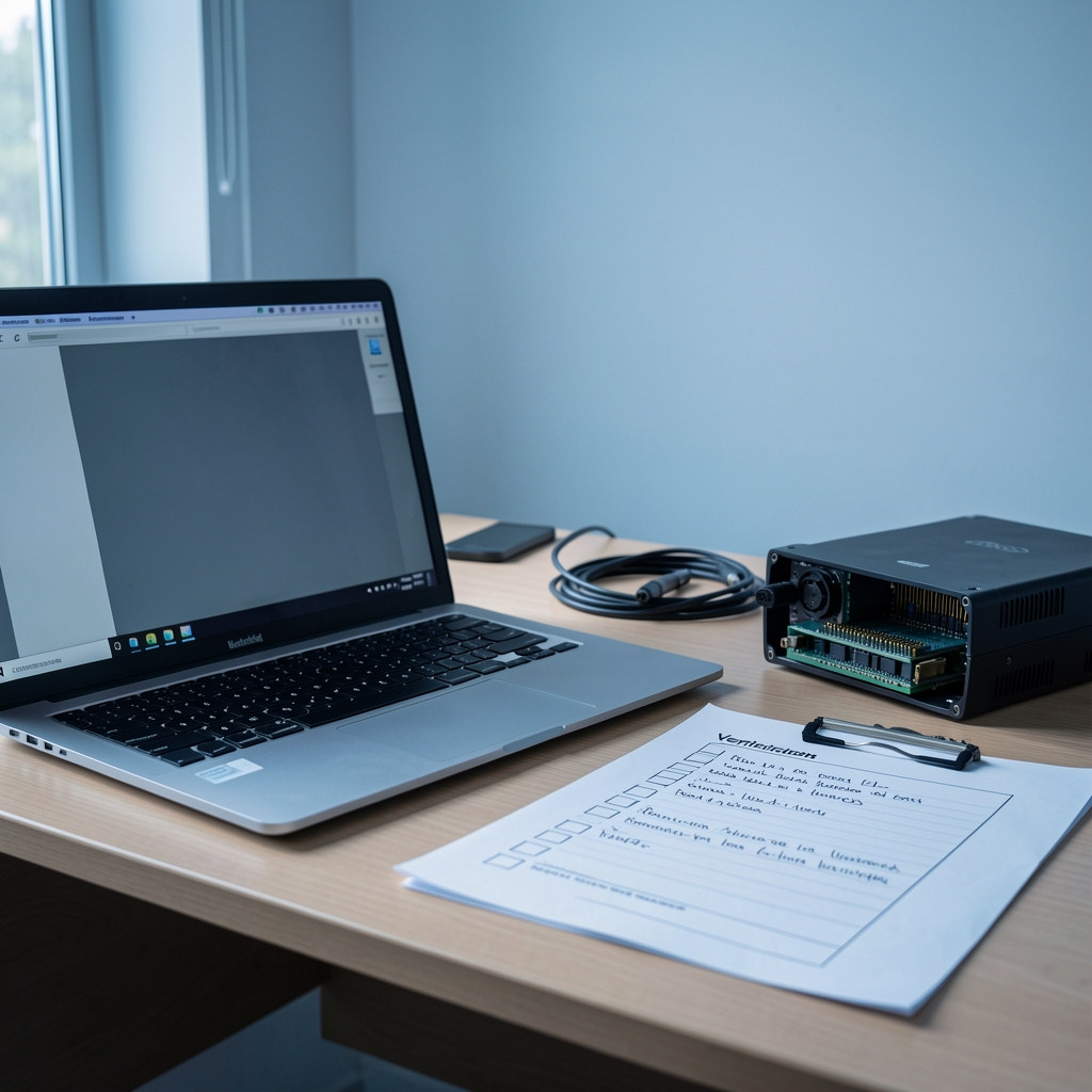 Secure research workspace with a laptop, hardware device, handwritten verification checklist, and neutral blue lighting