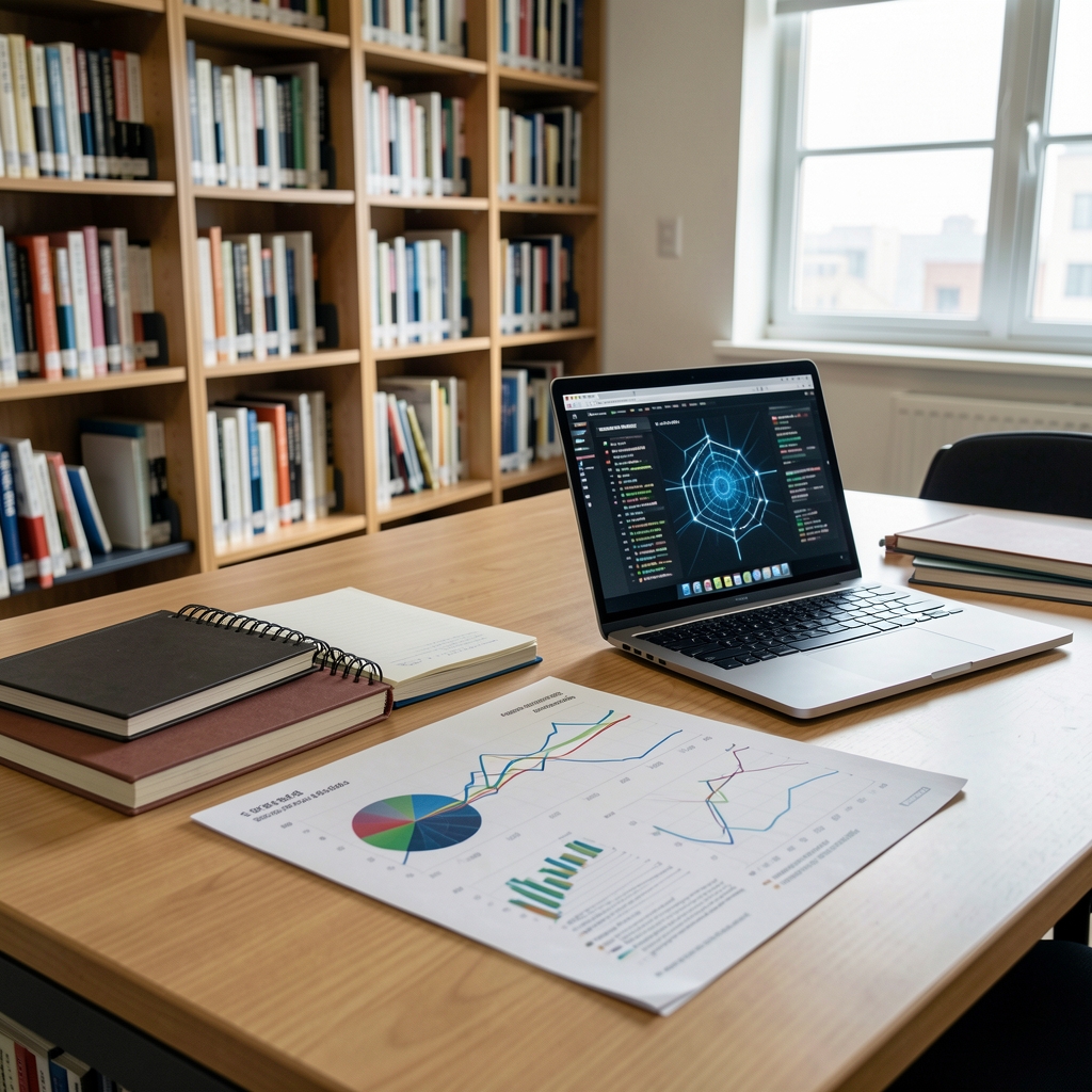 Seoul research library table with notebooks, public blockchain charts, and a laptop used for careful technical study