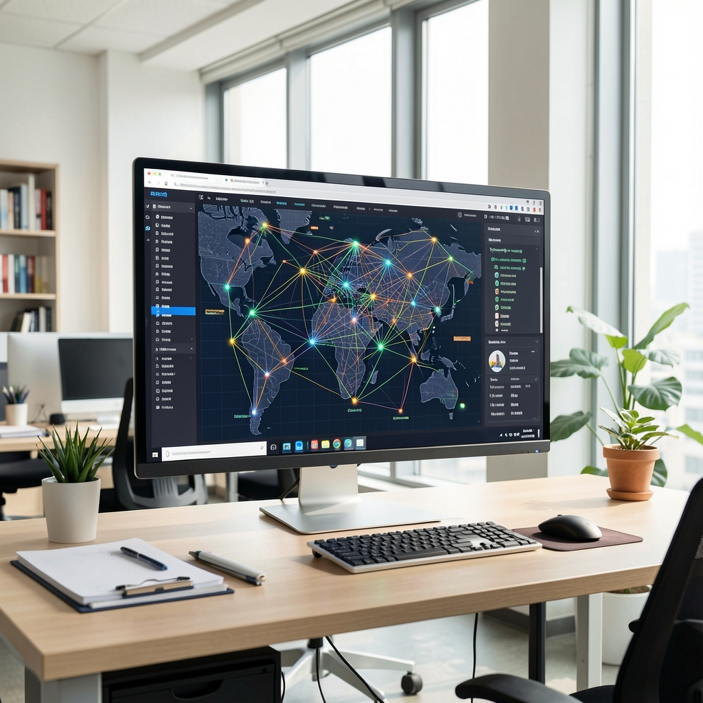 Editorial desk displaying a detailed digital map of Solana network connections on a wide monitor in a bright Seoul workspace