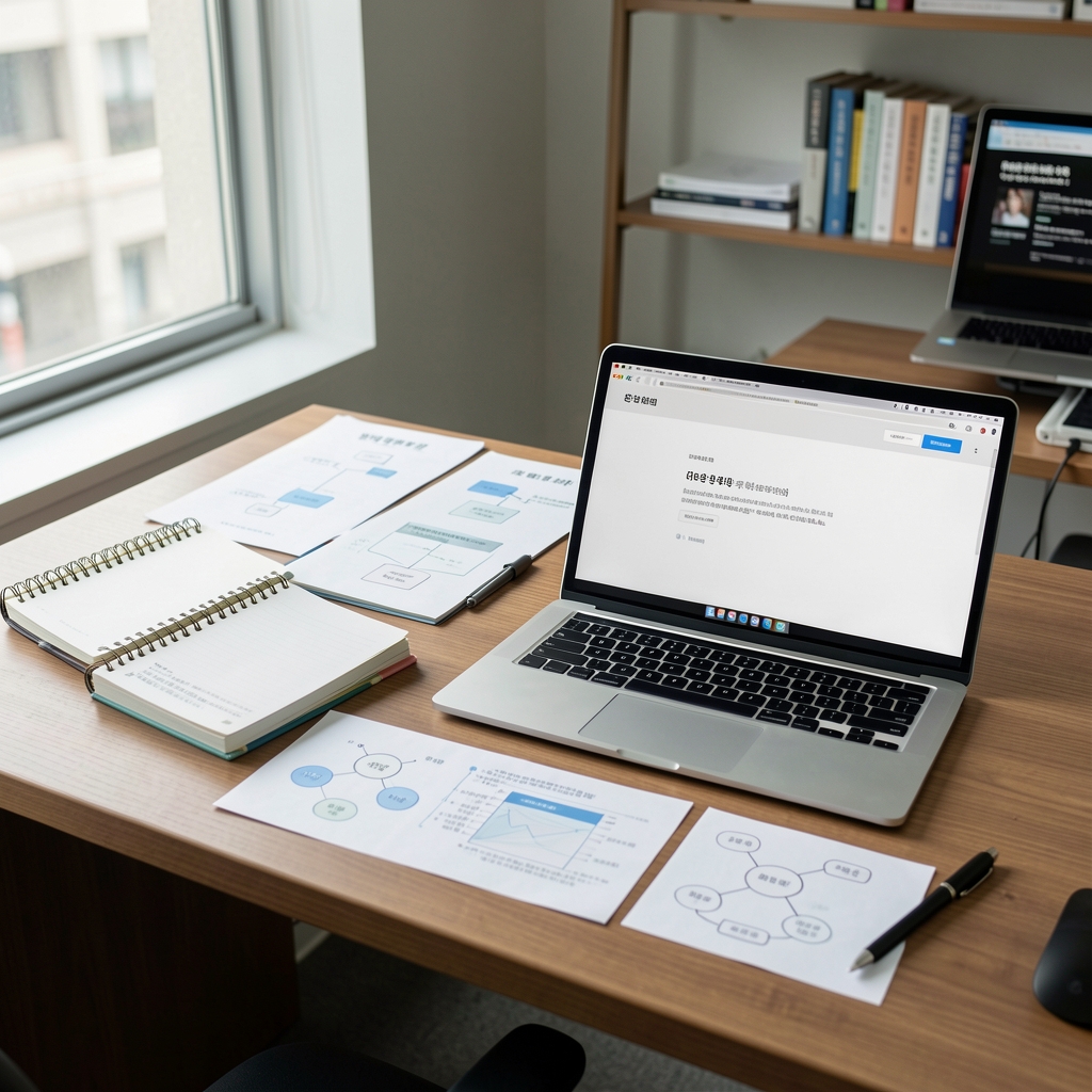 Editorial desk in Seoul with research notebooks, public blockchain diagrams, and a laptop showing a neutral reading interface