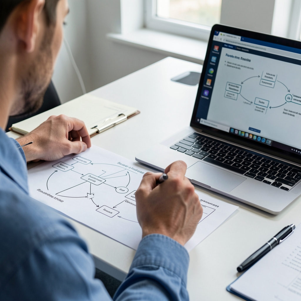 Close view of a researcher tracing a blockchain transaction lifecycle across printed diagrams and a laptop screen