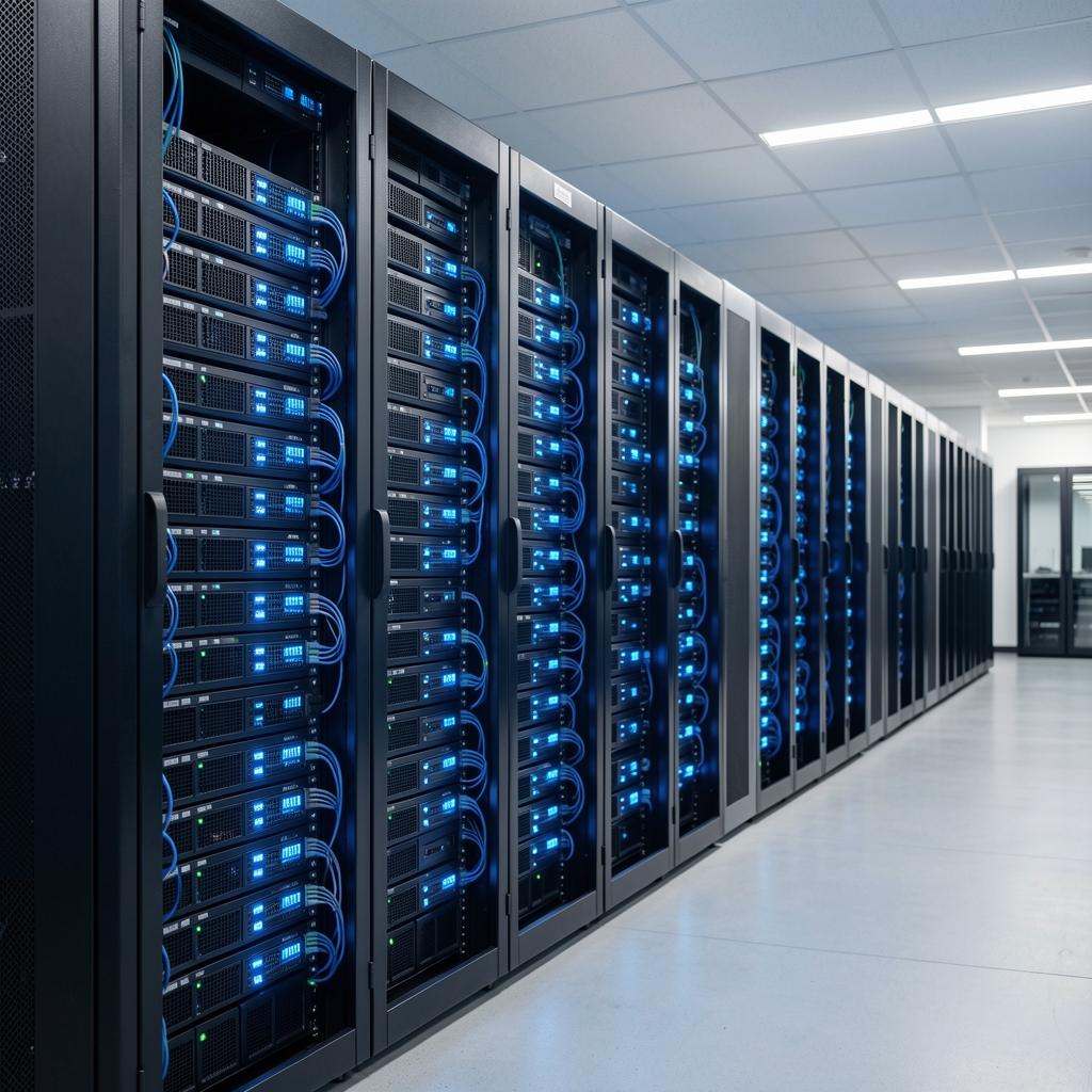 Server room with organized validator infrastructure and cool blue monitoring lights representing blockchain operations
