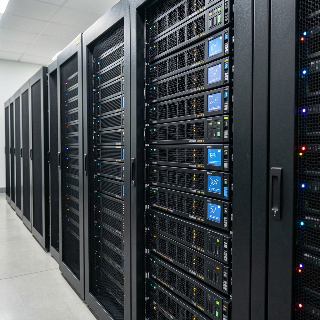 Close view of organized validator server racks with ventilation and monitoring screens in a secure facility